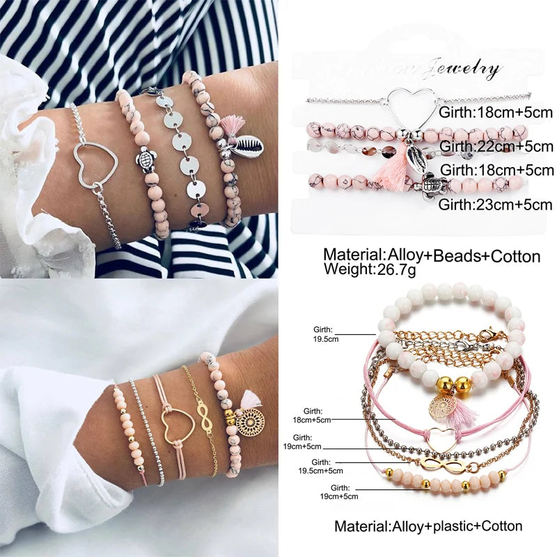 Boho Geometric Bracelet & Bangle Sets For Women Vintage Star Map Hand Heart charm Beads Chains Fashion Jewelry Accessories