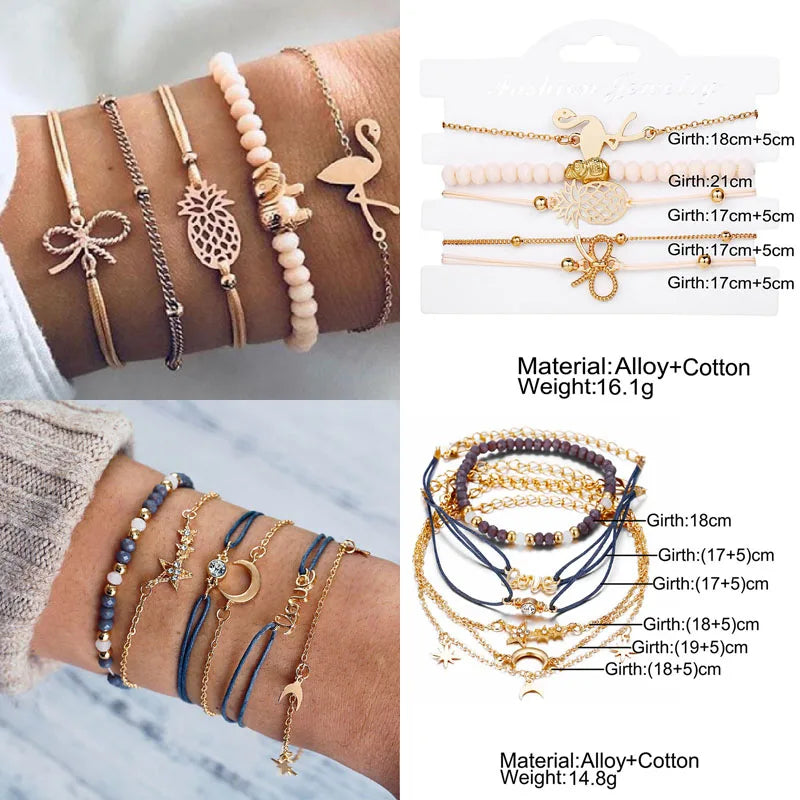 Boho Geometric Bracelet & Bangle Sets For Women Vintage Star Map Hand Heart charm Beads Chains Fashion Jewelry Accessories