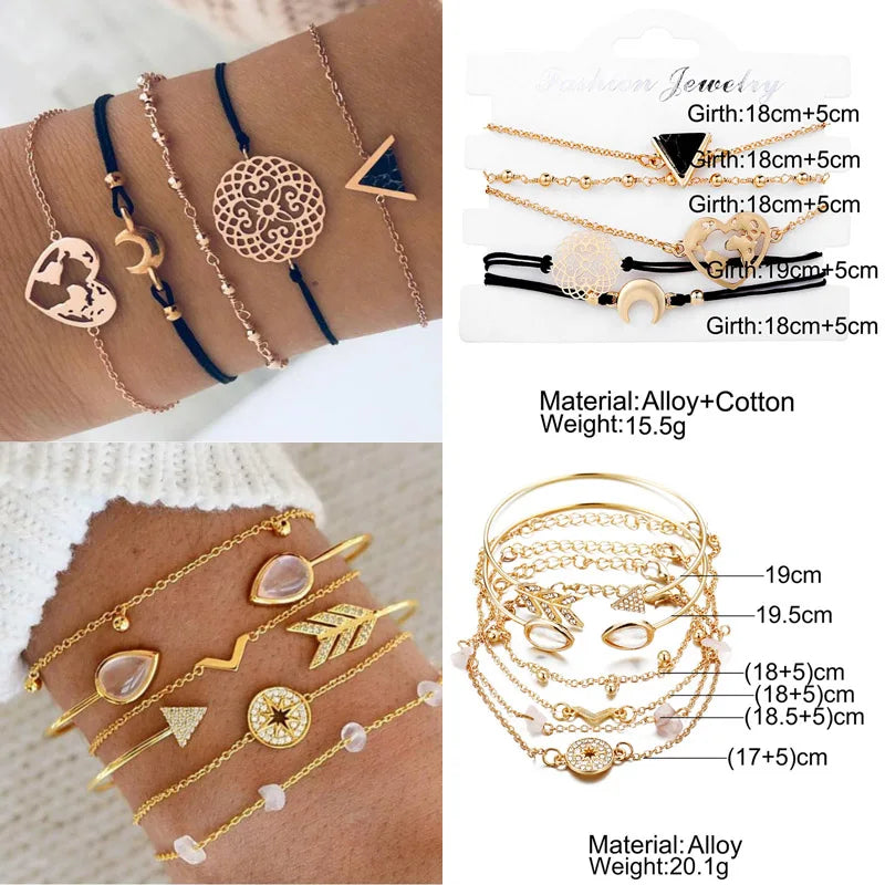 Boho Geometric Bracelet & Bangle Sets For Women Vintage Star Map Hand Heart charm Beads Chains Fashion Jewelry Accessories
