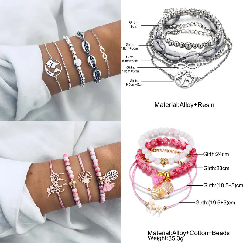 Boho Geometric Bracelet & Bangle Sets For Women Vintage Star Map Hand Heart charm Beads Chains Fashion Jewelry Accessories