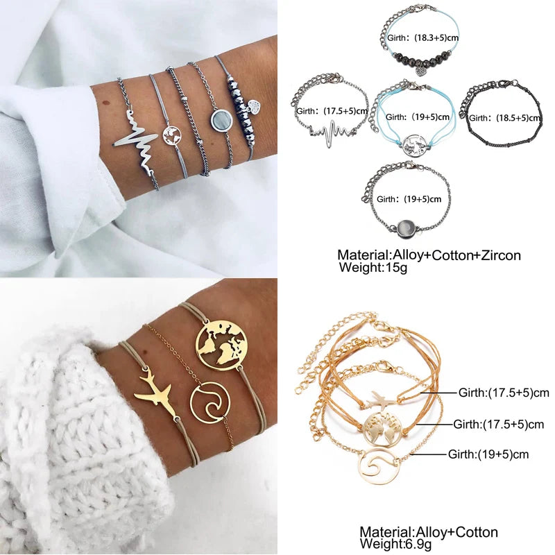 Boho Geometric Bracelet & Bangle Sets For Women Vintage Star Map Hand Heart charm Beads Chains Fashion Jewelry Accessories