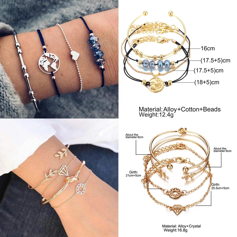Boho Geometric Bracelet & Bangle Sets For Women Vintage Star Map Hand Heart charm Beads Chains Fashion Jewelry Accessories