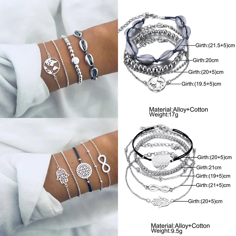 Boho Geometric Bracelet & Bangle Sets For Women Vintage Star Map Hand Heart charm Beads Chains Fashion Jewelry Accessories