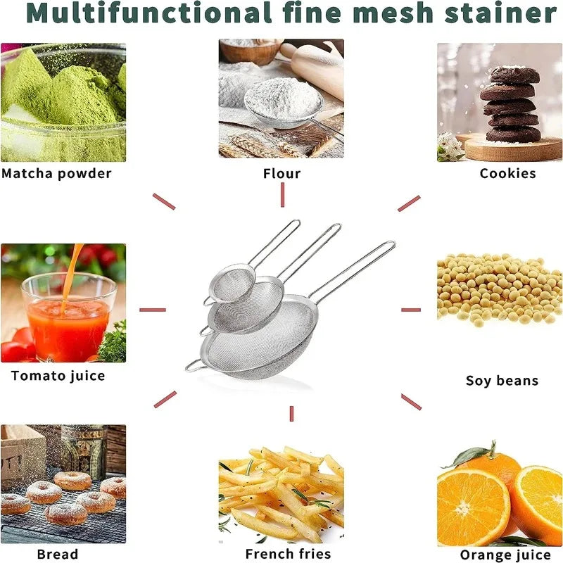 Stainless Steel Sieve Mesh Filter Slotted Spoon Kitchen Essential 3 Pack Fine Food Strainer with Long Handle for Cooking