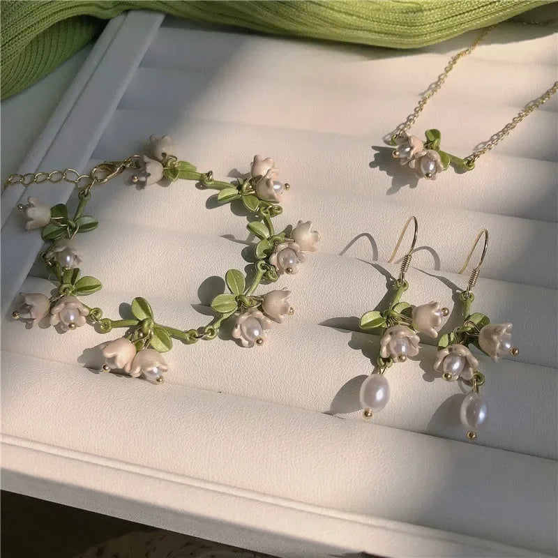 New Design Lily of The Valley Pearl Green Earrings